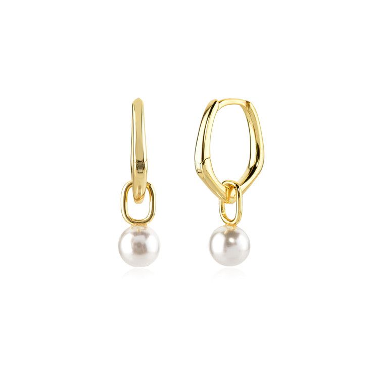 Round White Freshwater Pearl Huggie Yellow Gold Plated Earrings in 0.925 Sterling Silver (MDS230186)