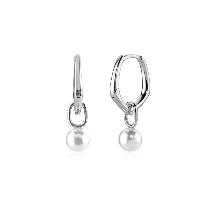 Round White Freshwater Pearl Huggie Earrings in 0.925 White Sterling Silver (MDS230187)