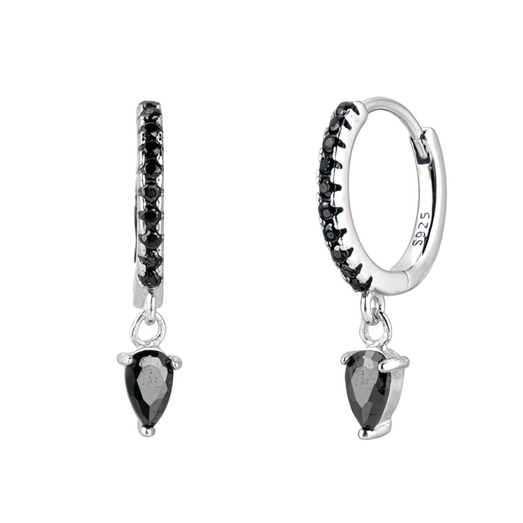 3/4 CTW Pear Black Cubic Zirconia Dancing Charm Huggie Earrings in 0.925 White Sterling Silver (MDS230189)