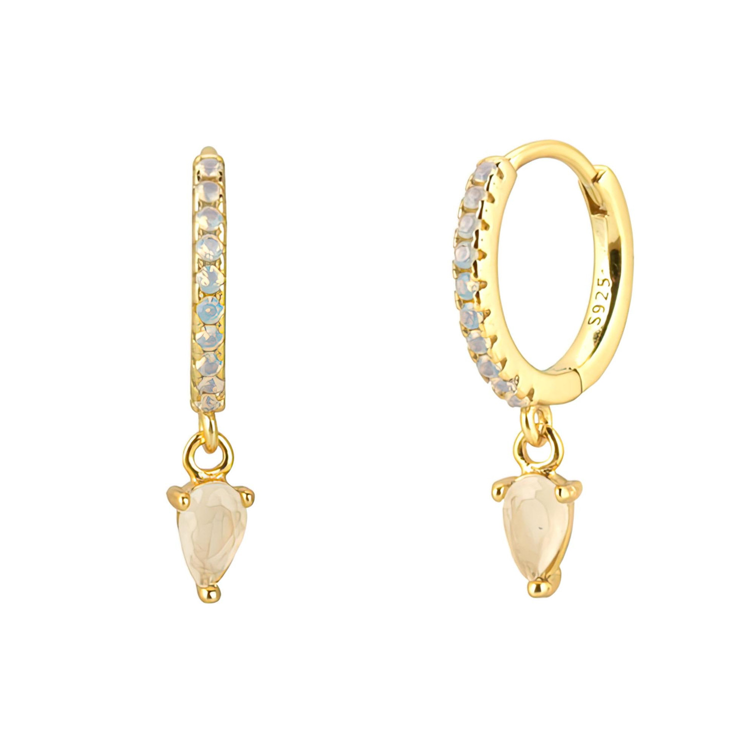 3/4 CTW Pear White Quartz Dancing Charm Huggie Yellow Gold Plated Earrings in 0.925 Sterling Silver (MDS230190)