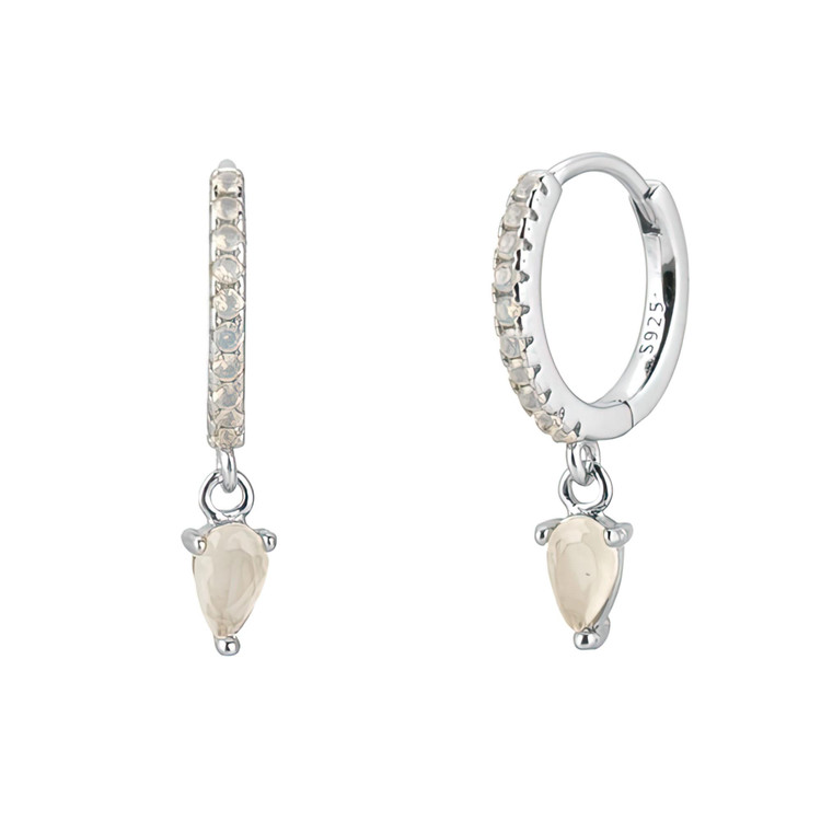 3/4 CTW Pear White Quartz Dancing Charm Huggie Earrings in 0.925 White Sterling Silver (MDS230191)