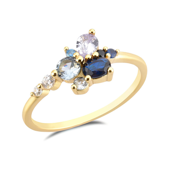 7/8 CTW Round White Cubic Zirconia Blue White Gem Cluster Cocktail Yellow Gold Plated Ring in 0.925 Sterling Silver (MDS230207)