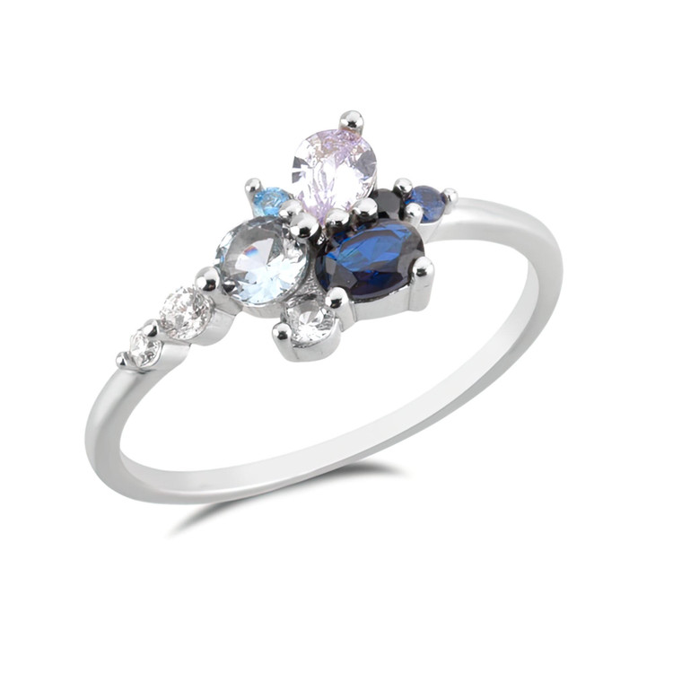 7/8 CTW Round dark Blue Cubic Zirconia Blue White Gem Cluster Cocktail Ring in 0.925 White Sterling Silver (MDS230209)