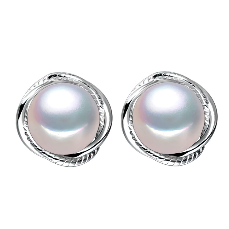 Round White Freshwater Pearl Stud Earrings in 0.925 White Sterling Silver (MDS230231)