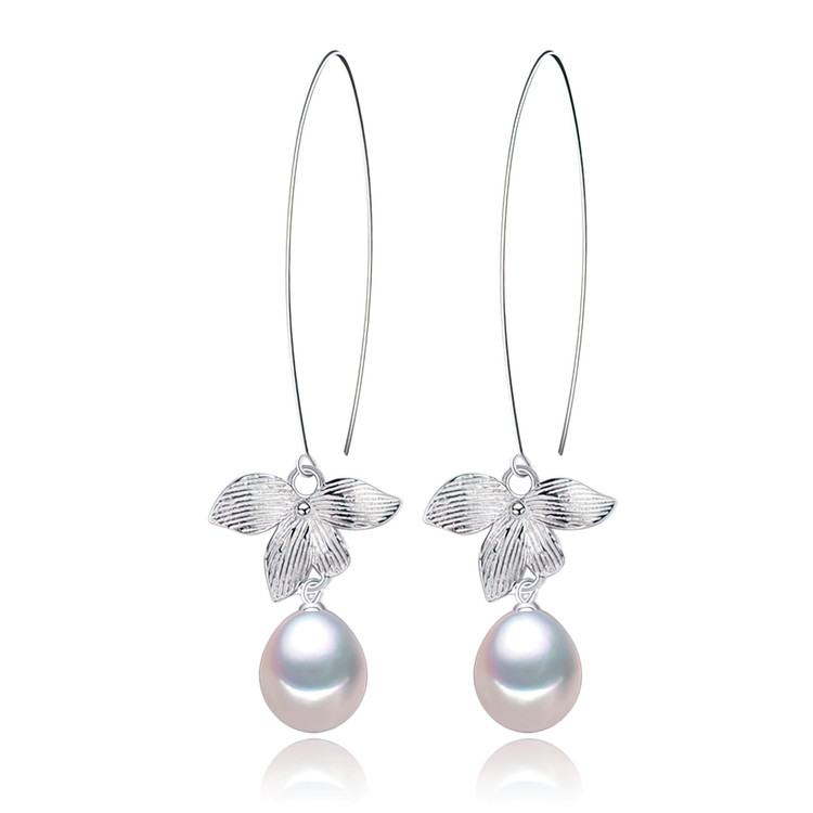 Oval White Freshwater Pearl Floral Leaf Drop/Dangle Earrings in 0.925 White Sterling Silver (MDS230232)