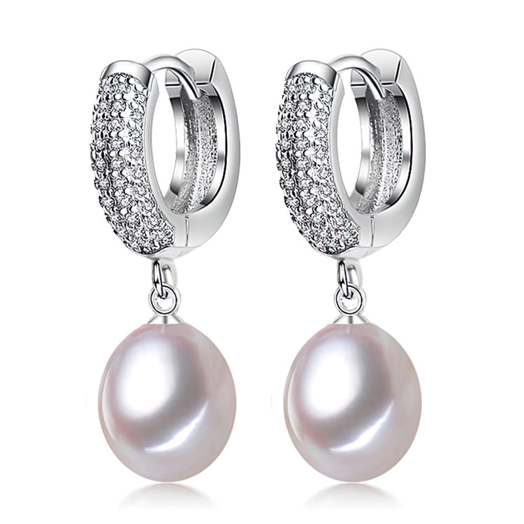 Oval White Freshwater Pearl Pave Set Drop/Dangle Huggie Earrings in 0.925 White Sterling Silver (MDS230233)