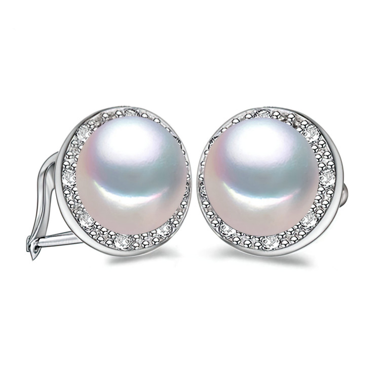 Round White Freshwater Pearl Halo Stud Earrings in 0.925 White Sterling Silver (MDS230234)