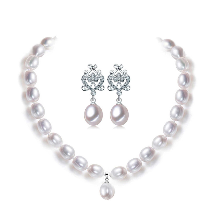 Teardrop White Freshwater Pearl Drop/Dangle Earrings and Pendant Set in 0.925 White Sterling Silver (MDS210088)