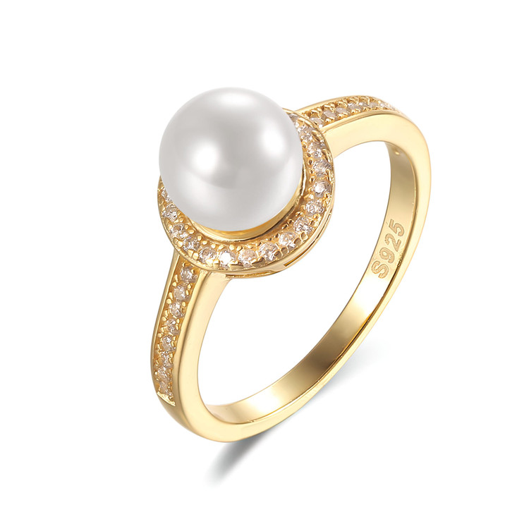 Round White Freshwater Pearl Halo Cocktail Yellow Gold Plated Ring in 0.925 Sterling Silver (MDS230019)