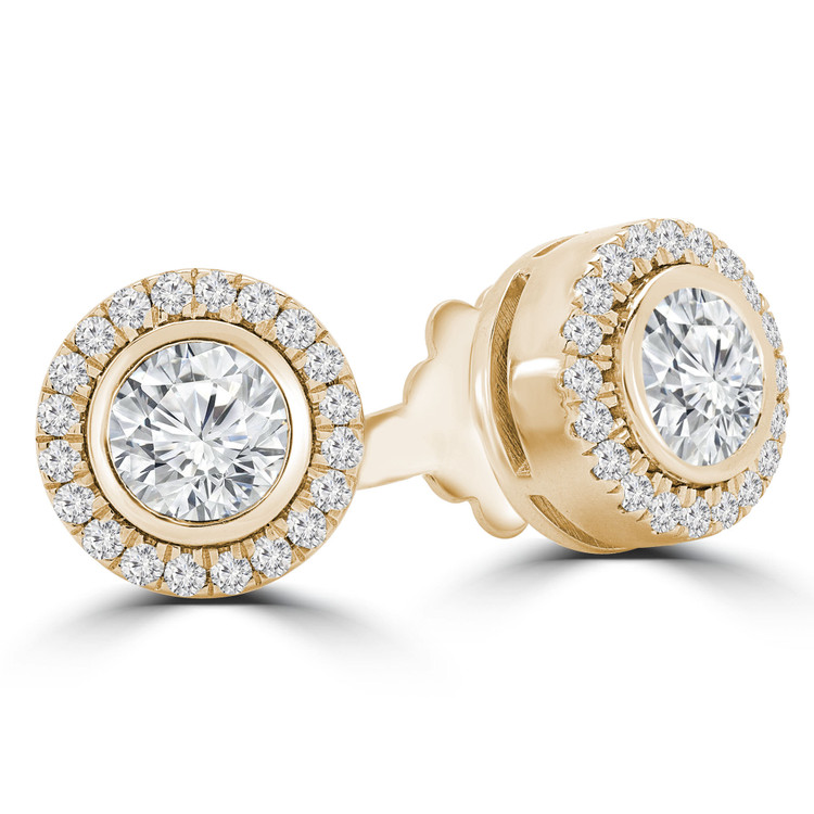 9/10 CTW Round Diamond Bezel Set Halo Stud Earrings in 14K Yellow Gold (MD240022)