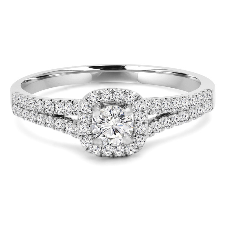 1/2 CTW Round Diamond Split-shank Cushion Halo Engagement Ring in 14K White Gold with Accents (MD240086)