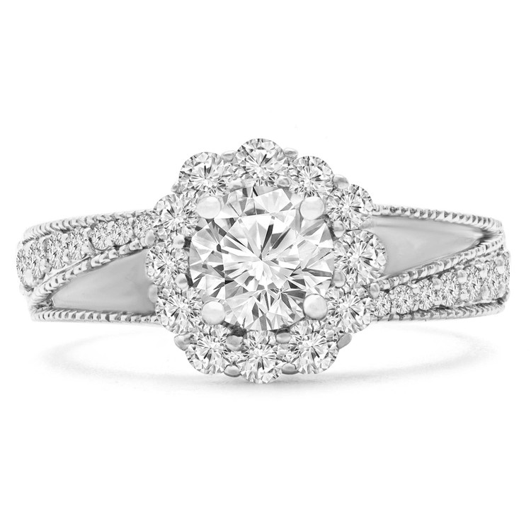1 3/5 CTW Round Lab Created Diamond Split-shank Floral Halo Engagement Ring in 14K White Gold (MD240182)