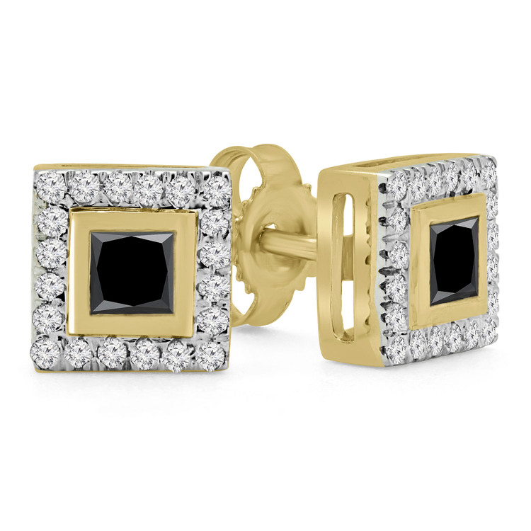 2/5 CTW Princess Black Diamond Bezel Set Halo Stud Earrings in 14K Yellow Gold (MD240310)