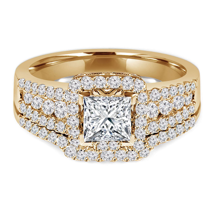 Princess Diamond Square Halo Engagement Ring and Wedding Band Set Ring in Yellow Gold (MVS0111-Y)