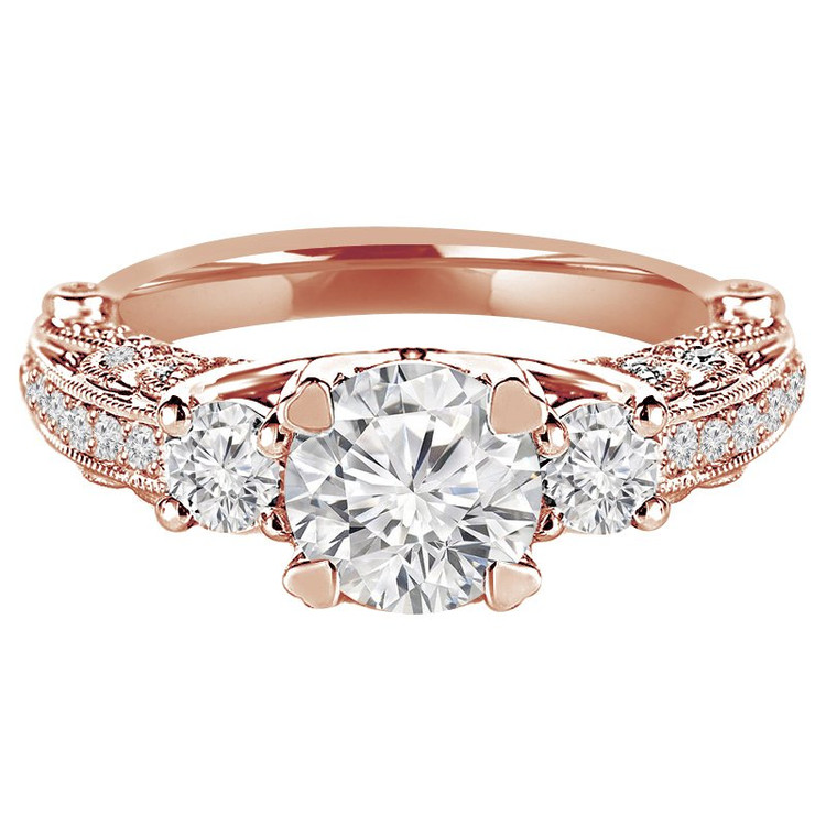 Round Diamond Vintage Three-Stone Engagement Ring in Rose Gold with Accents (MVSX0012-R)