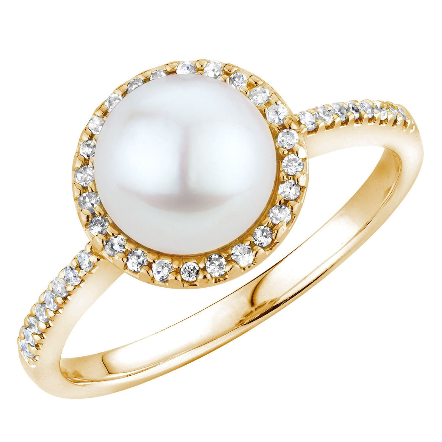 Round white Pearl Solitaire with Accents Ring in 14K Yellow Gold (MV3293)