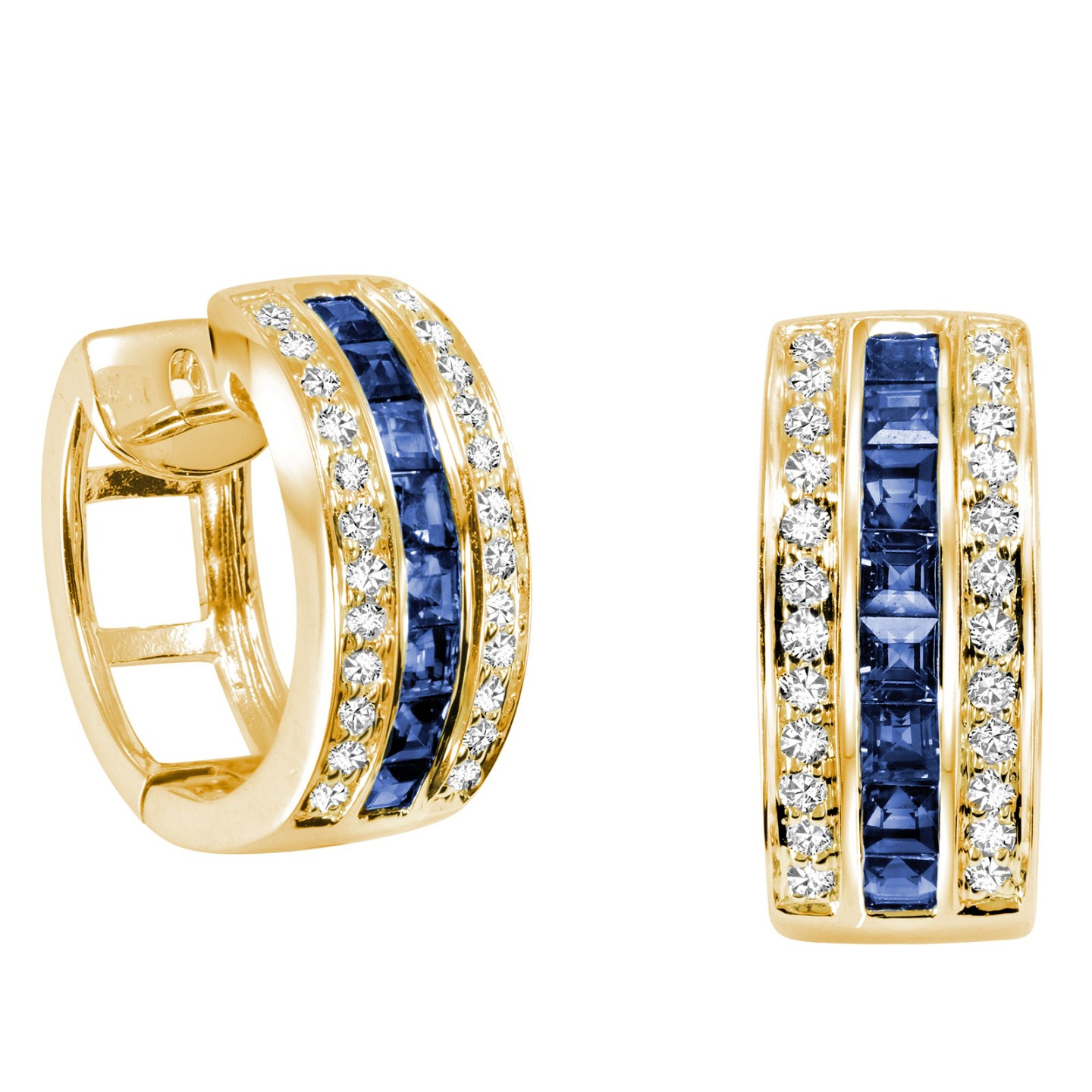 1 1/20 CTW Princess blue Sapphire Hoop Earrings in 14K Yellow Gold (MV3302)