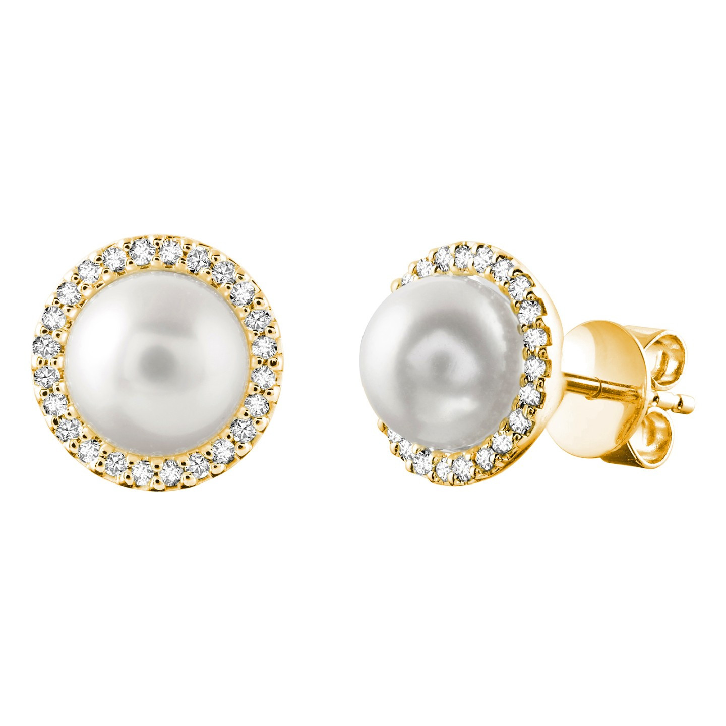 Round white Pearl Stud Earrings in 14K Yellow Gold (MV3304)
