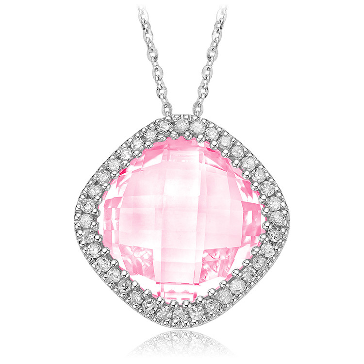 5 1/4 CTW Round pink Quartz Halo Pendant Necklace in 14k White Gold With Chain (MV3484)
