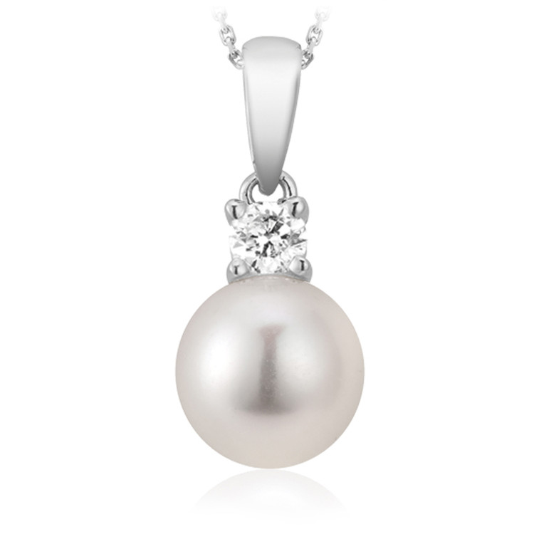 Round white Pearl Solitaire with Accents Pendant Necklace in 14k White Gold With Chain (MV3495)