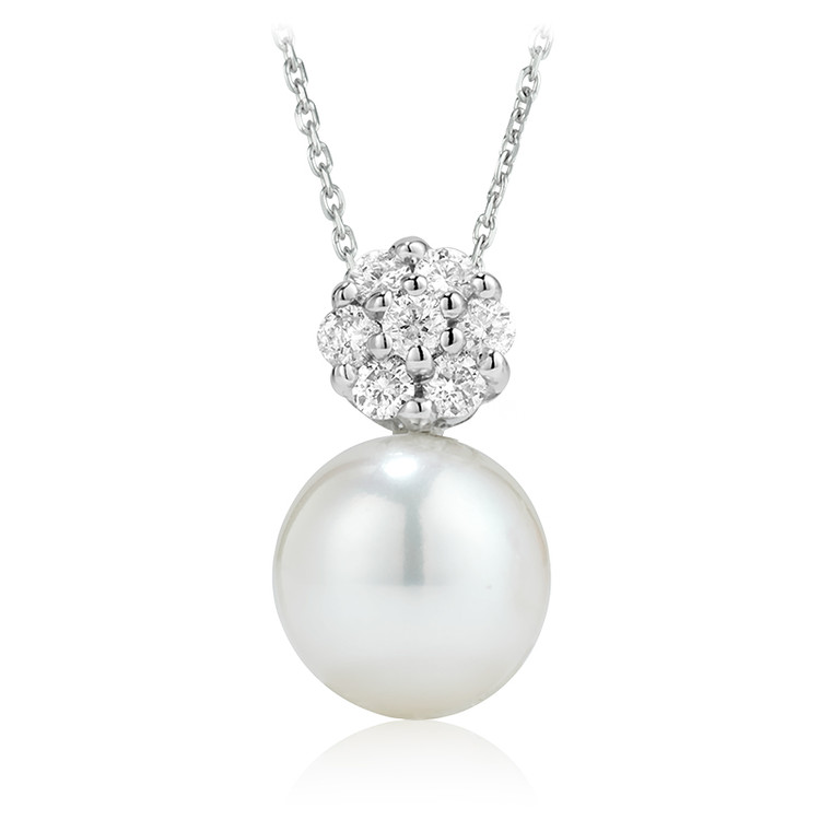 Round white Pearl Solitaire with Accents Pendant Necklace in 14k White Gold With Chain (MV3496)