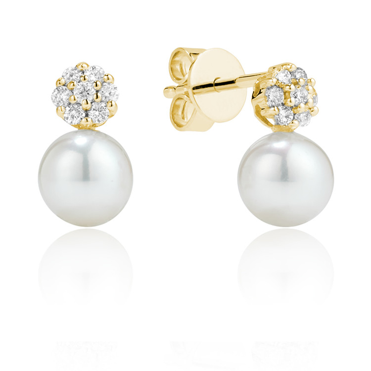 Round white Pearl Stud Earrings in 14k Yellow Gold (MV3542)