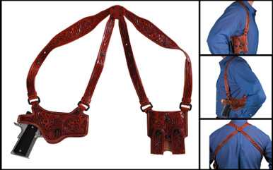 This horizontal shoulder system is top-to-bottom the best shoulder rig on the market today. It features an eight point pivoting harness, which is wide on the shoulder for all day comfort.
Available in black or brown
Tension screw adjustment
Hand boning standard
Available for Automatics or Revolvers