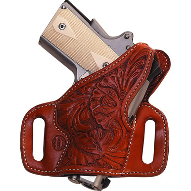 High Ride slide holster with thumbreak. Flat-Back construction provides the most comfortable all-day ride possible 
1 3/4" belt slots standard
Hand boning standard (stamped and floral holsters will not be boned)
Blocked sight channel
Available for most Semi-Automatics, Single Actions, and Double Actions.
