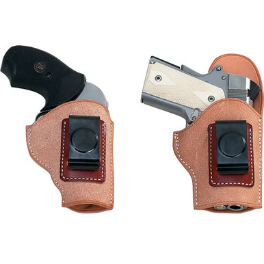 his two piece inside-the-pants holster can be worn in various positions. The two piece 
design forms a natural sight channel.
1 3/4" belt clip (fits 1 1/4", 1 1/2", and 1 3/4" belts)
Roughout construction clings to clothing, keeping the holster in its place
Rear flap keeps sights and hammer from body contact
Available for most Semi-Automatics, Single Actions, and Double Actions.