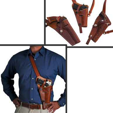 This tanker style shoulder holster is ideal for hunters, ATV drivers, and helicopter pilots. 
The pistol remains out of the way when sitting or using a rifle, but is still easily accessible
when needed.
Tie down strap location will vary according to the type and length of the pistol
5 1/2" to 8 3/8" barrels
Available for most Semi-Automatics, Single Actions, and Double Actions