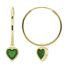 10 Karat Yellow Gold 15mm Emerald Heart Charm Hoop Earrings