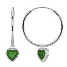 10 Karat White Gold 15mm Emerald Heart Charm Hoop Earrings