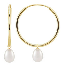 10 Karat Yellow Gold 19mm Oval White Pearl Charm Hoop Earrings