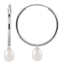 10 Karat White Gold 19mm Oval White Pearl Charm Hoop Earrings