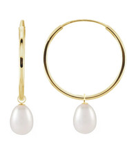 10 Karat Yellow Gold 15mm Oval White Pearl Charm Hoop Earrings