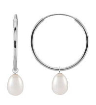 10 Karat White Gold 15mm Oval White Pearl Charm Hoop Earrings