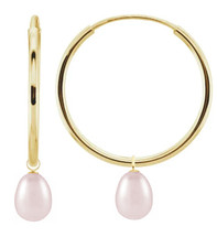 10 Karat Yellow Gold 19mm Oval Pink Pearl Charm Hoop Earrings