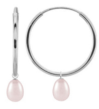10 Karat White Gold 19mm Oval Pink Pearl Charm Hoop Earrings