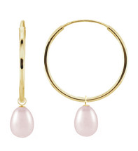 10 Karat Yellow Gold 15mm Oval Pink Pearl Charm Hoop Earrings