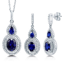 Sterling Silver Created Sapphire Double Halo Pendant and Earring Set