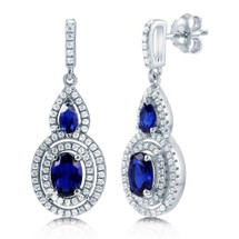 Genuine Sterling Silver Created Sapphire Double Halo Earrings