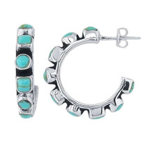 Genuine Sterling Silver OXIDIZED Turquoise-Set Hoop Earrings