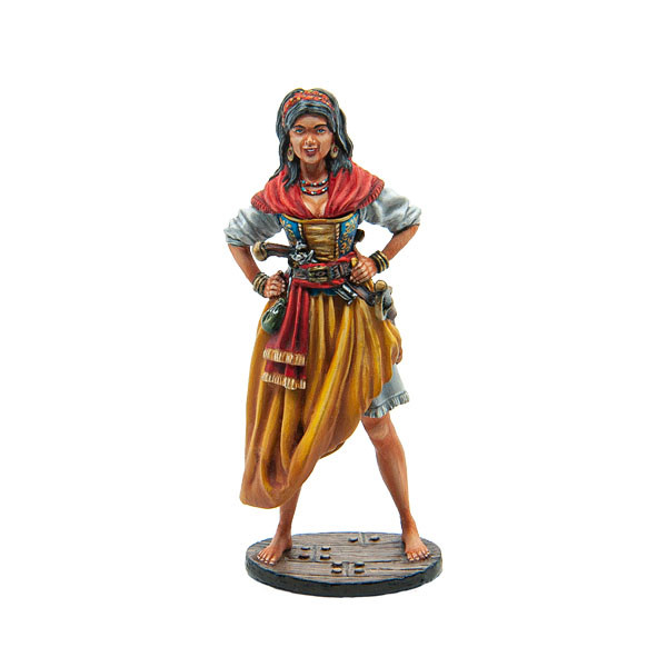 A digital painting of a female pirate standing on a ship's deck at