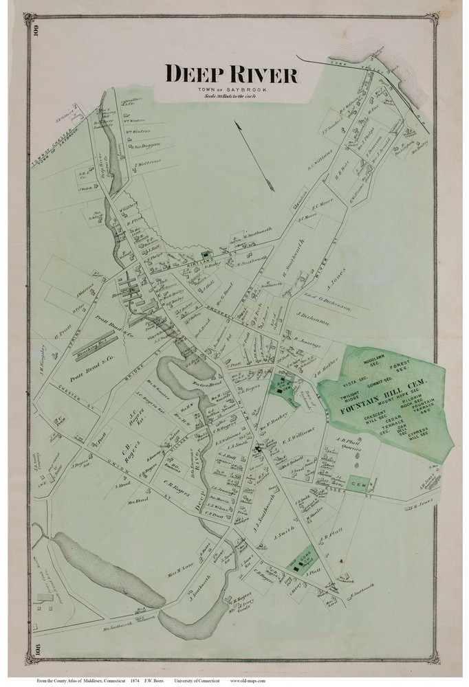 Deep River Village, Connecticut 1874 Old Town Map Reprint Middlesex