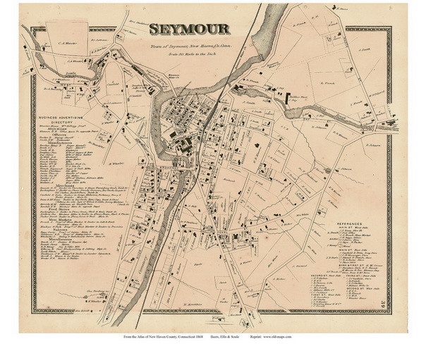 Seymour Village, Connecticut 1868 Old Town Map Reprint - New Haven Co ...