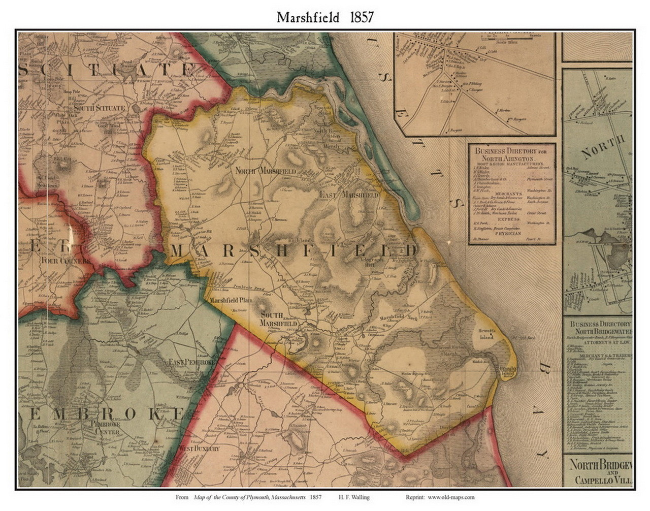 Marshfield, Massachusetts 1857 Old Town Map Custom Print - Plymouth Co ...