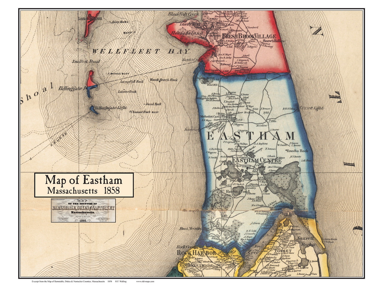 Eastham Poster Map, 1858 Barnstable Co. MA OLD MAPS