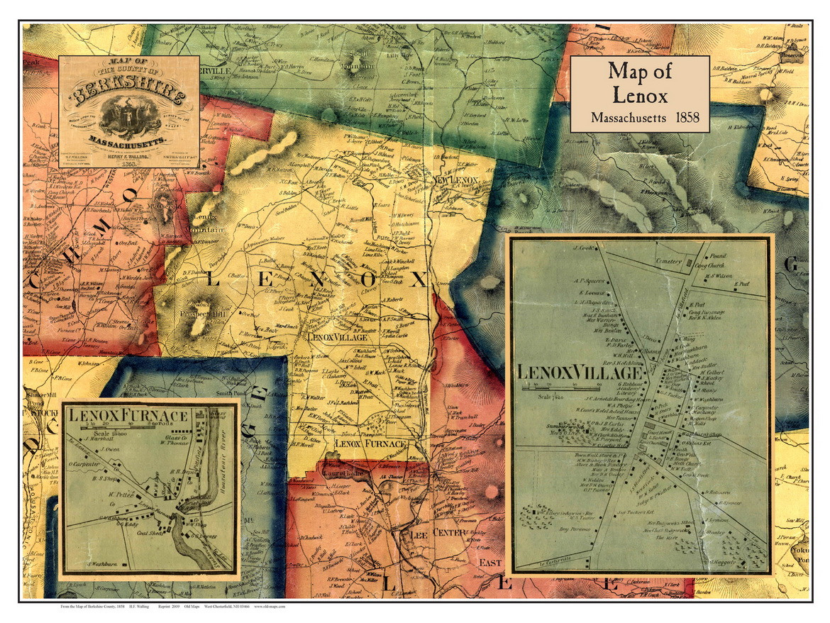 Lenox Poster Map, 1858 Berkshire Co. MA OLD MAPS