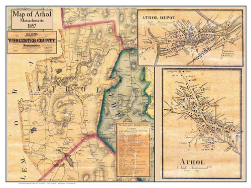 Athol Poster Map, 1857 Worcester Co. MA - OLD MAPS