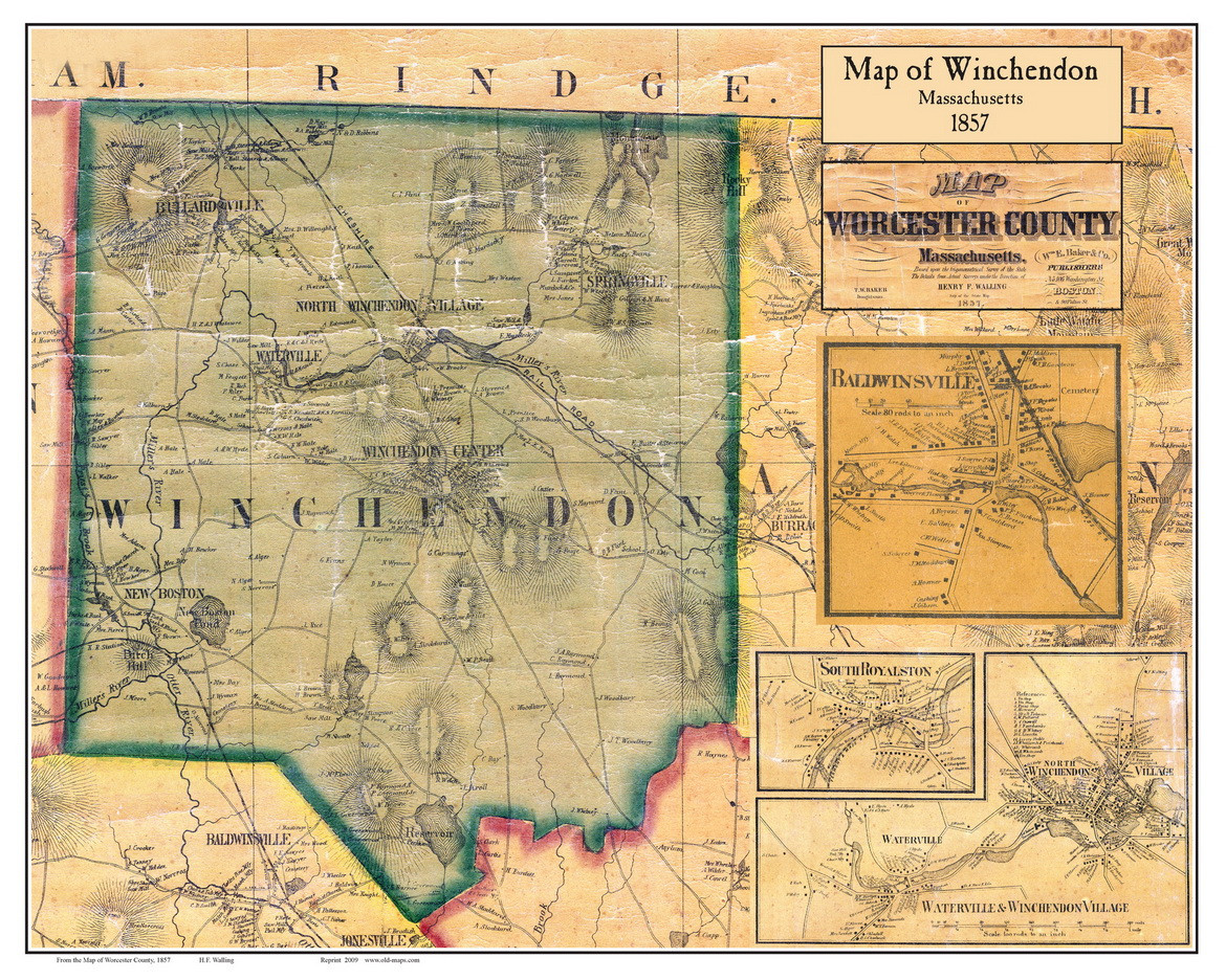 Winchendon Poster Map, 1857 Worcester Co. MA OLD MAPS